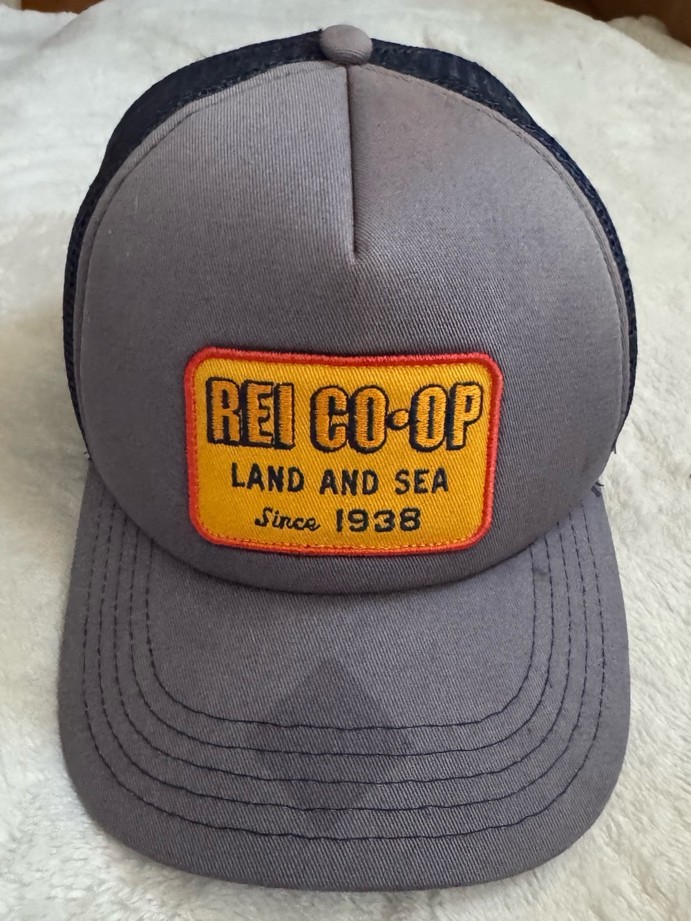 REI Co-op Land and Sea Patch Trucker Hat - Grey with Yellow Patch